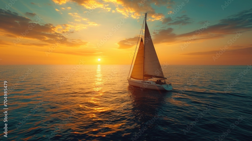 Sunset on a sailboat, the warm glow of the setting sun on the water, a light breeze in the sails, a calm sea in the background, aerial footage from a drone