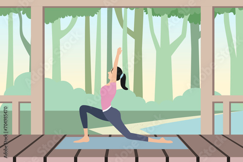A young woman in sportswear standing in yoga pose on terrace with trees in background. Vector illustration.