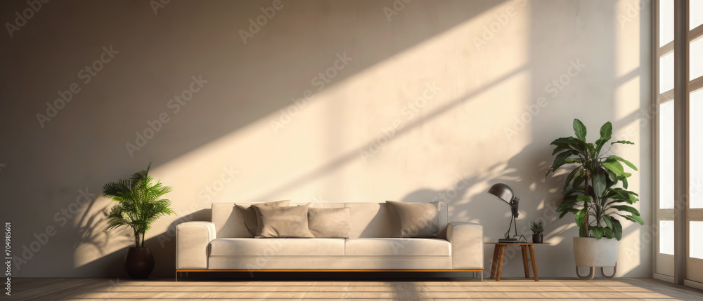 Minimal beige interior mockup with empty frame for text. Contemporary apartment scene, room with furniture. Sunlight and shadow effect. Template for banner. Generative ai Minimal beige interior mockup with empty frame for text. Contemporary apartment scene, room with furniture. Sunlight and shadow effect. Template for banner. Generative ai