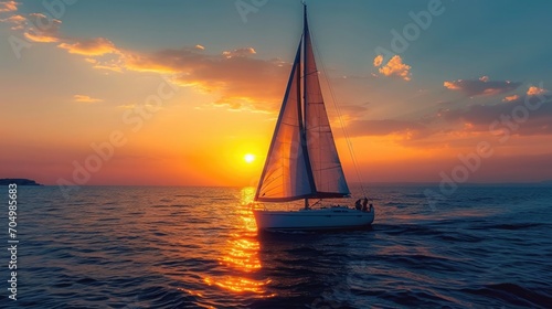 Sunset on a sailboat, the warm glow of the setting sun on the water, a light breeze in the sails, a calm sea in the background, aerial footage from a drone