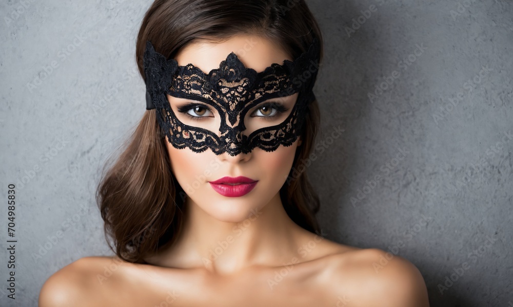 Beautiful Woman with Black Lace mask over her Eyes