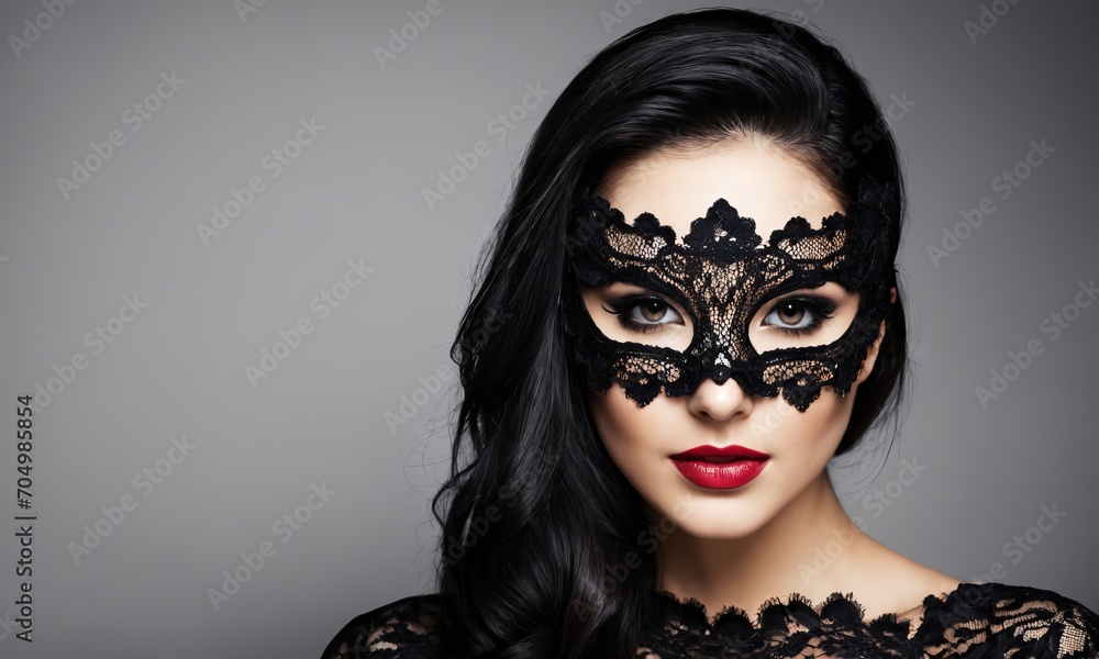 Beautiful Woman with Black Lace mask over her Eyes