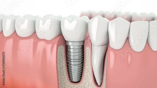 Mental model dental implant installation procedure, way of restoring missing tooth, implant is placed in the gums of the oral, Doctor consulting patient in clinic, dental plate denture, illustration photo