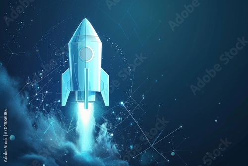 Rocket on blue background, business and startup concept.