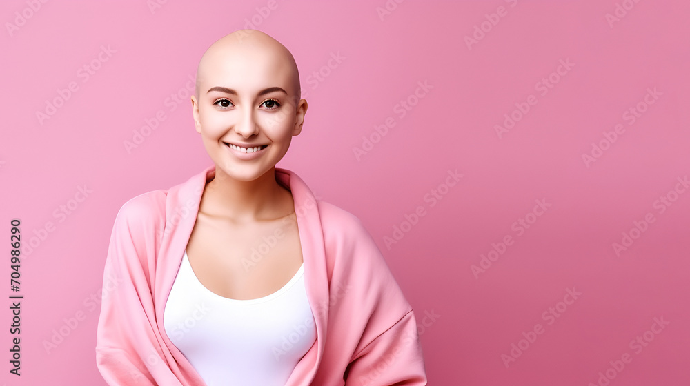 A valiant young woman with a bald head, a confident smile and a forward-facing stance, pink clothing. Concept of women's health, especially against breast cancer. pink background with copy space A valiant young woman with a bald head, a confident smile and a forward-facing stance, pink clothing. Concept of women's health, especially against breast cancer. pink background with copy space