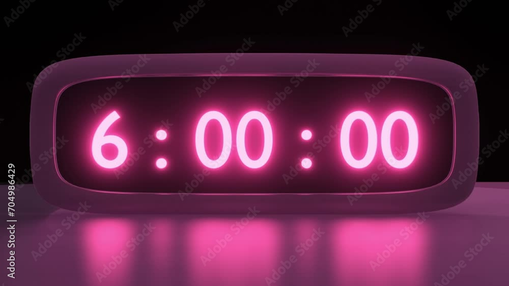 Digital alarm clock with pink clockface waking up at 6 AM. The numbers ...