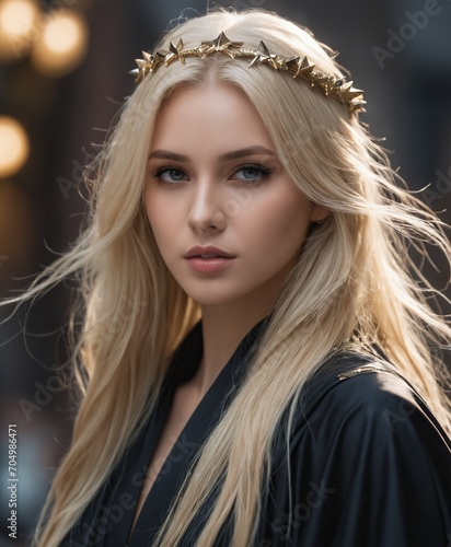 a woman in medieval era with long blonde hair wearing a black dress and a crown of silver jewelry. Fantasy