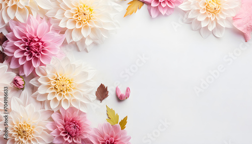 Arrangement of beautiful autumn dahlia flowers on pastel background top view © Oleksiy