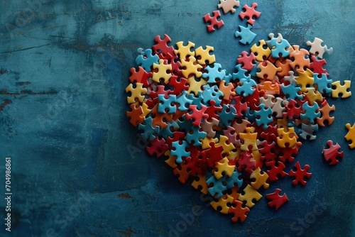 Heart made of colorful puzzle pieces, World Autism Awareness Day concept, blue background. Generative AI photo