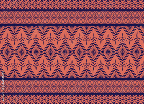  Ikat blue fabric pattern on orange pixel Abstract Aztec symbol illustration geometric shape vector pattern Ethic nature native tribal work background backdrop wallpaper print textile clothing fashion