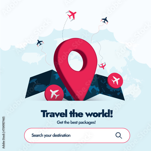 Travelling agency promotion banner. Travel the world banner and social media post, get the best packages. World tour advertising banner with location icon and airplane icons. Travel company banner
