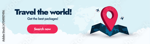Travel cover banner. Travel the world cover banner with world map and location icon. Travel the world now, get the best packages. Travel agency advertising cover banner concept