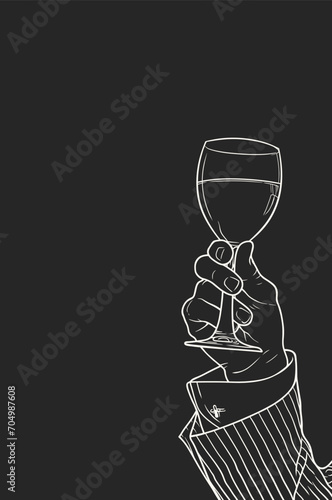 Hand holding a glass of wine. Vector illustration on black background.