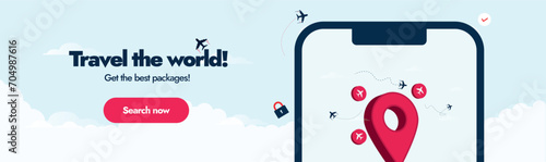 Travel the world, search your destination cover banner. Travel the world now with best packages Facebook cover. Travel agency promotion banner with a mobile phone screen and location icon, airplane