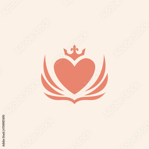 Flying heart with wing icon in cream over white. Heart with wings symbol. Isolated on cream background.