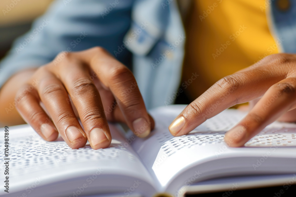 Close up of hands touching a Braille book. A person with blindness touches and reads with his hands. Braille is a system of raised dots that allows you to read a book with your fingers. Close up of hands touching a Braille book. A person with blindness touches and reads with his hands. Braille is a system of raised dots that allows you to read a book with your fingers.