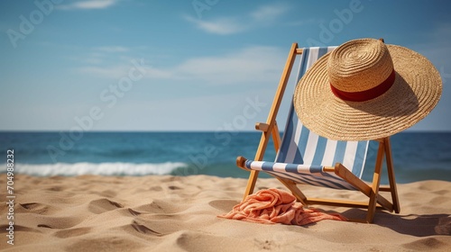 Deck chair on the beach with beach towel and hat, relaxing beach vacation scene photography