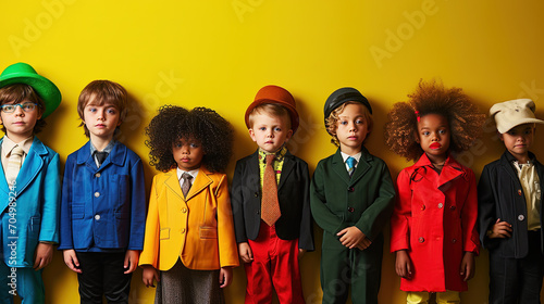 Group of children on thematic photoset. Dressed up colourful and standing near wall photo