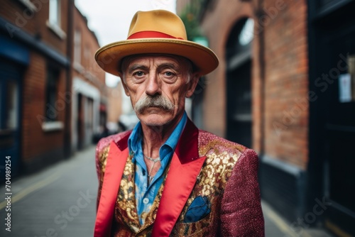 Portrait of senior man wearing a hat in a city street.