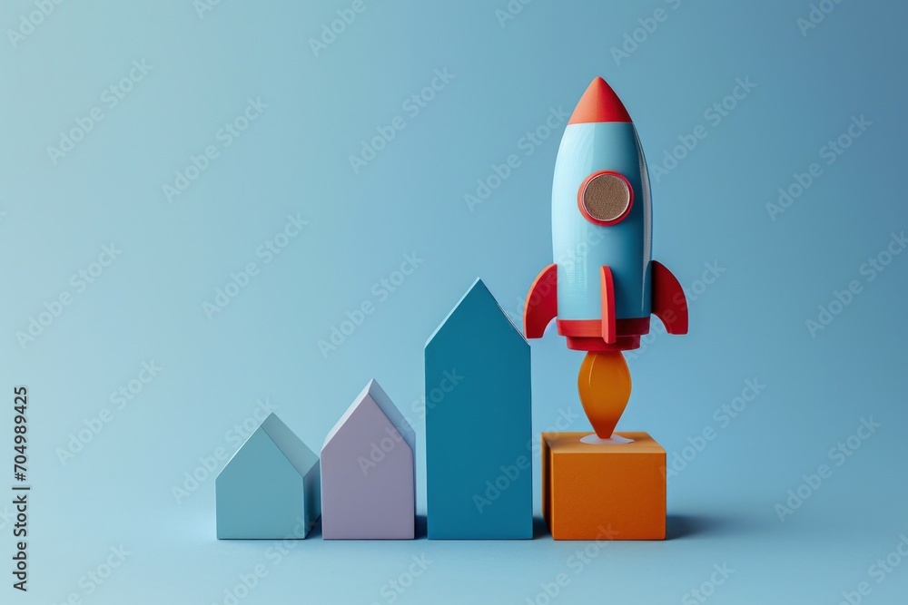 Rocket and bar graph, blue background, business concept, startup and analysis graph, digital illustration. Generative AI Rocket and bar graph, blue background, business concept, startup and analysis graph, digital illustration. Generative AI