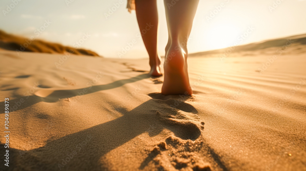 Woman's feet walking on the sand of the beach at sunset. travel concept. Created with AI. - obrazy, fototapety, plakaty 