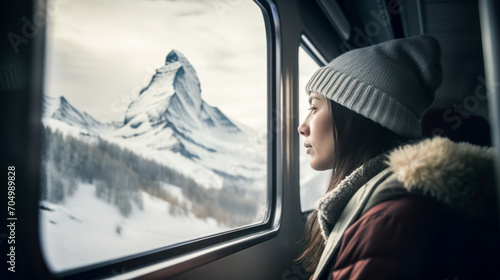 Traveler woman on the train looking out the window at the nice snowy mountains, travel concept, backpacking. Created with AI.