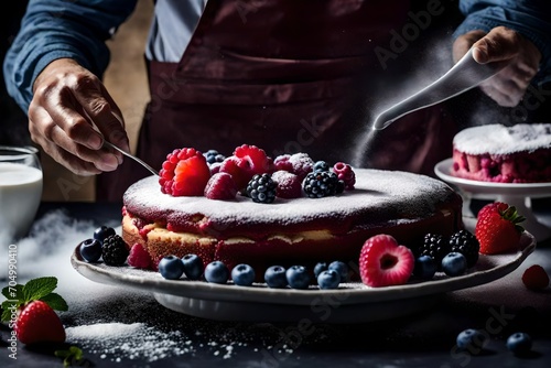 Close up of man dusting powdered sugar on berry and cream cake