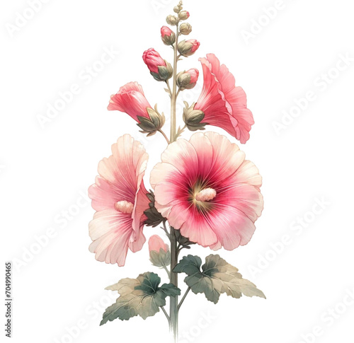 Watercolor hollyhock flower png illustration, Generative AI
 photo