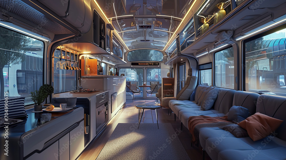 Fototapeta premium Future concept of bus interior. Transport to live in.