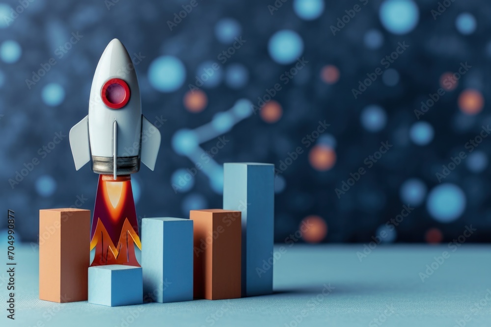 Rocket and bar graph, blue background, business concept, startup and analysis graph, digital illustration. Generative AI Rocket and bar graph, blue background, business concept, startup and analysis graph, digital illustration. Generative AI