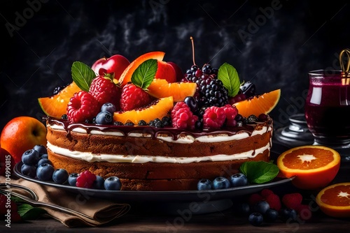 Portion of layered cake with fruits