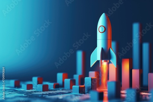 Rocket and bar graph, blue background, business concept, startup and analysis graph, digital illustration. Generative AI photo