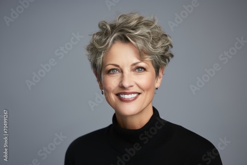 Portrait of a happy senior woman with short grey hair against grey background