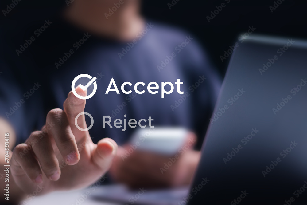 Option to accept or reject. Businessman tick a checkbox with the text Accept. Deciding between accepting or rejecting Option to accept or reject. Businessman tick a checkbox with the text Accept. Deciding between accepting or rejecting