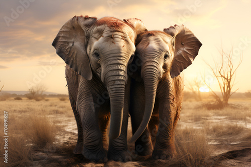 Two elephants hugging each other with their heads