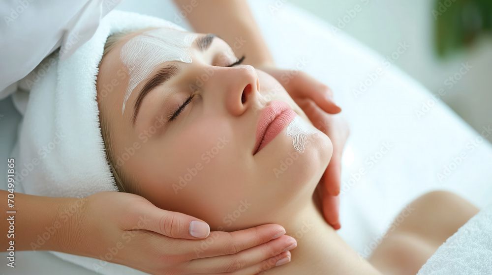 Relaxed woman receiving a facial spa treatment.