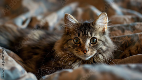Fluffy cat on patterned bedding.