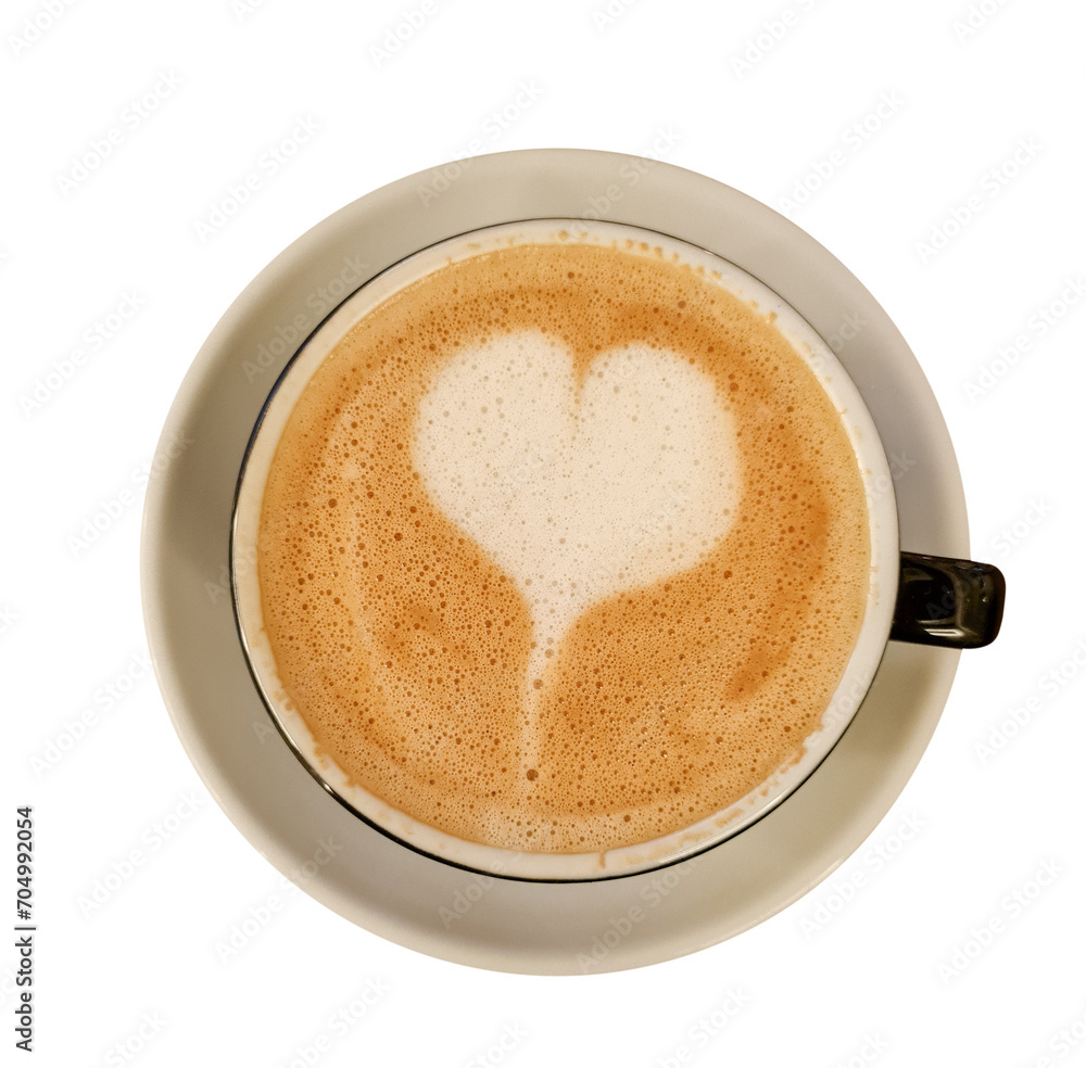 Top view of Hot coffee cappuccino latte art isolated on white background. / latte art coffee or mocha coffee Top view of Hot coffee cappuccino latte art isolated on white background. / latte art coffee or mocha coffee