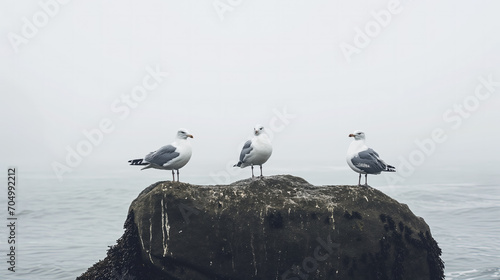 Three seagulls perched on a solitary rock.