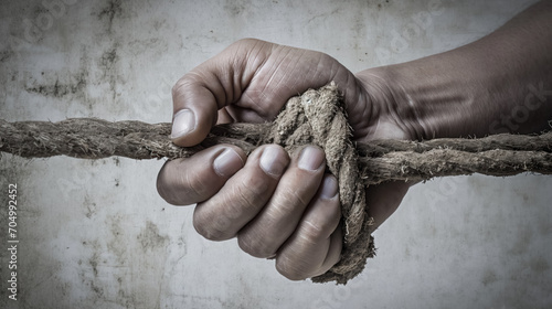 Hand tightly clutching a thick, frayed rope.