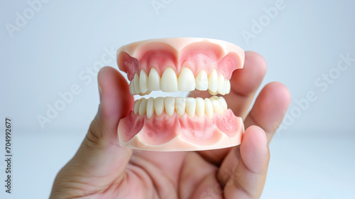 Hand holding a model of human teeth and gums.