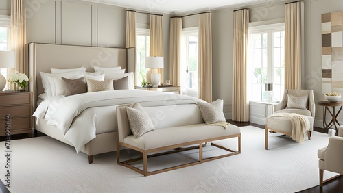 an elegant bedroom retreat with neutral tones and subtle textures. 