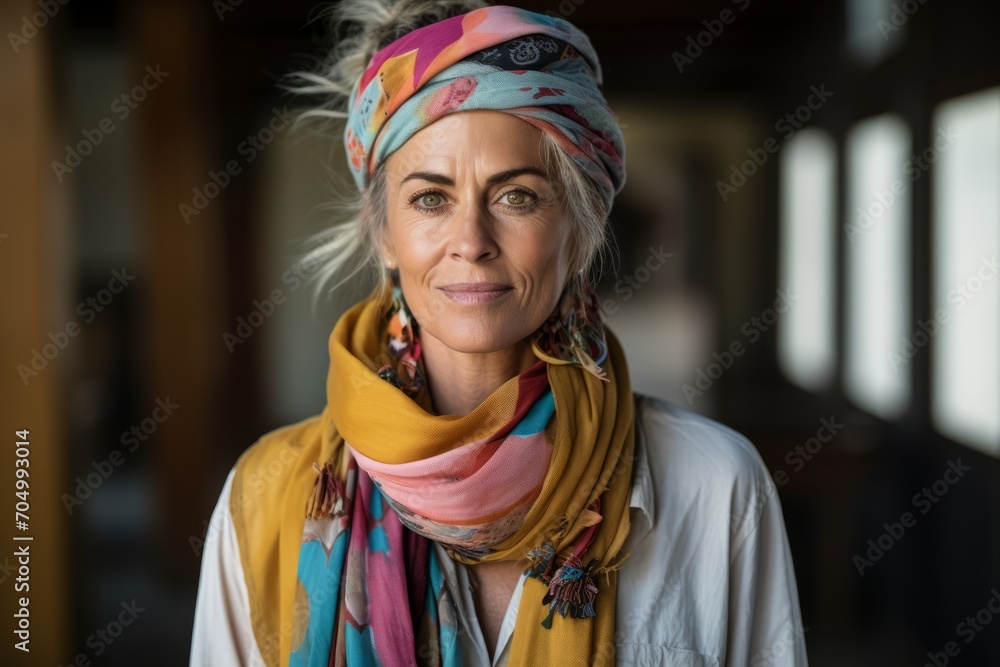 Portrait of beautiful senior woman wearing headscarf and scarf. Portrait of beautiful senior woman wearing headscarf and scarf.
