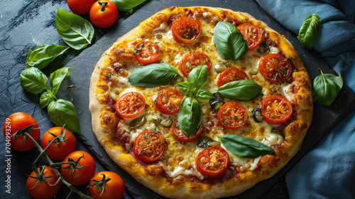 full background of Top view of tasty pizza with tomatoes and basil leaves in colorful composition
