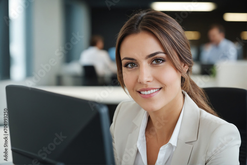 A professional business woman smiling at the camera, working on her laptop in modern office