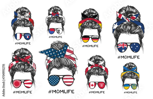 Vector collection, girls showcase messy buns with flag-themed bandanas, representing various nations.