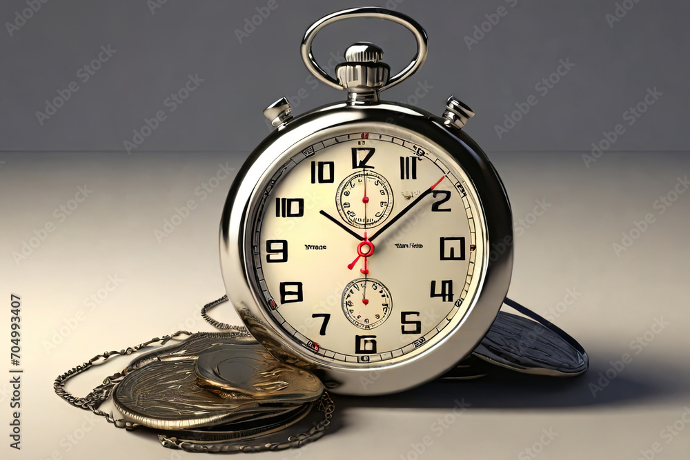 Vintage pocket stopwatch. 3D render conveying 'time is money.' Symbolizes value, urgency. Perfect for time management concepts.