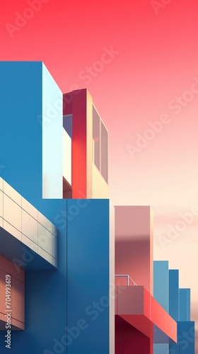 a pink and blue building with a pink sky