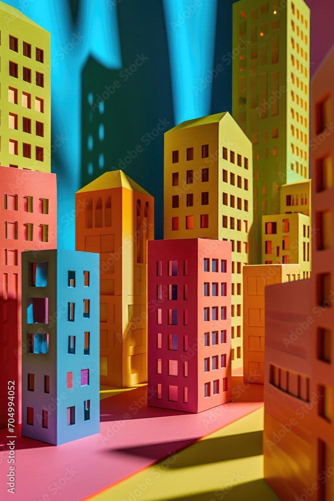 a set of colorful miniature buildings on a colorful background