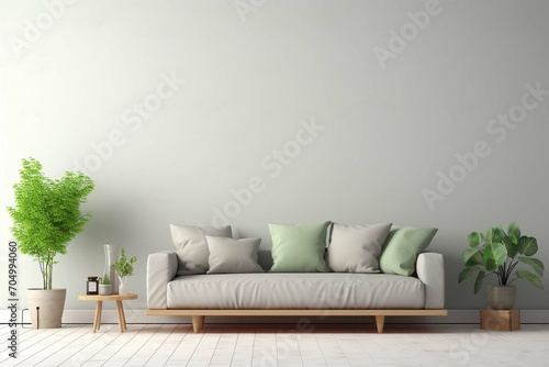 Living room interior with gray velvet sofa, pillows, green plaid and coffee table with succulents in pots on white wall background.